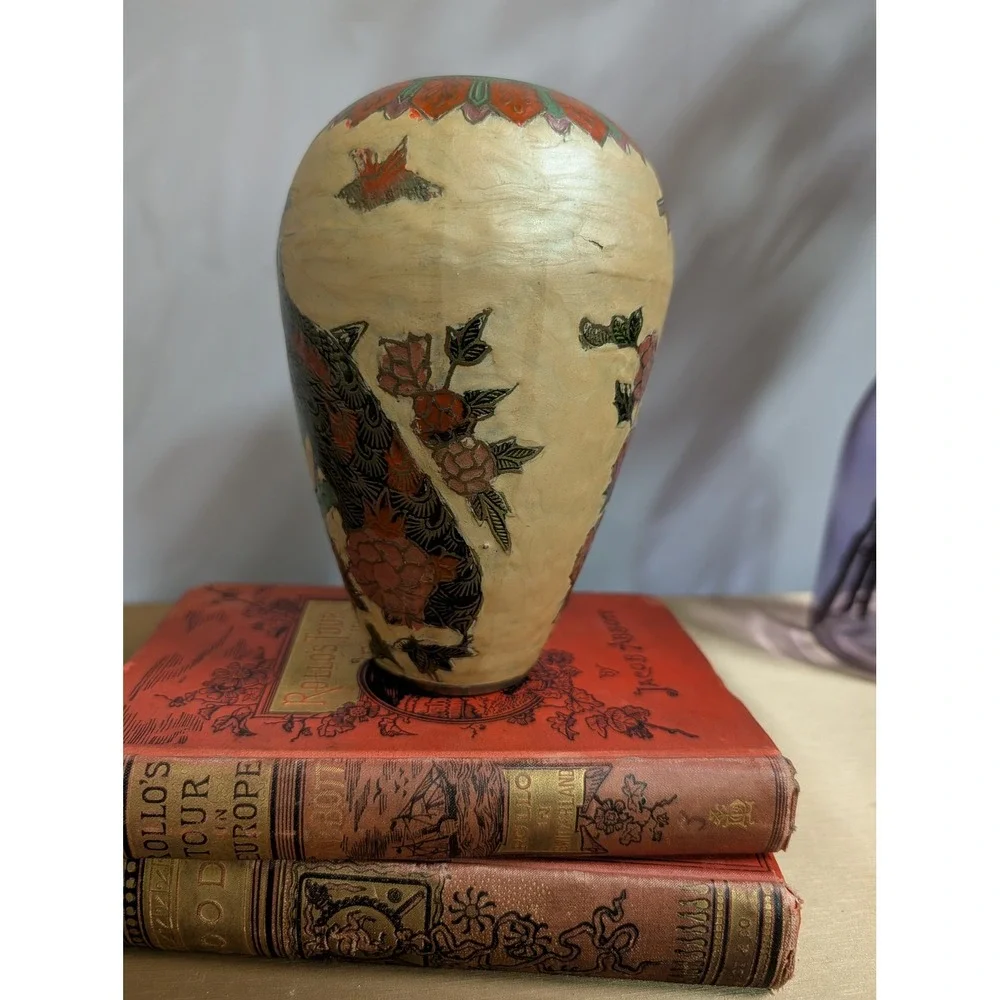 Vintage Brass Cloisonne Hand Painted Bird &‎ Floral Design Home Decor Vase
